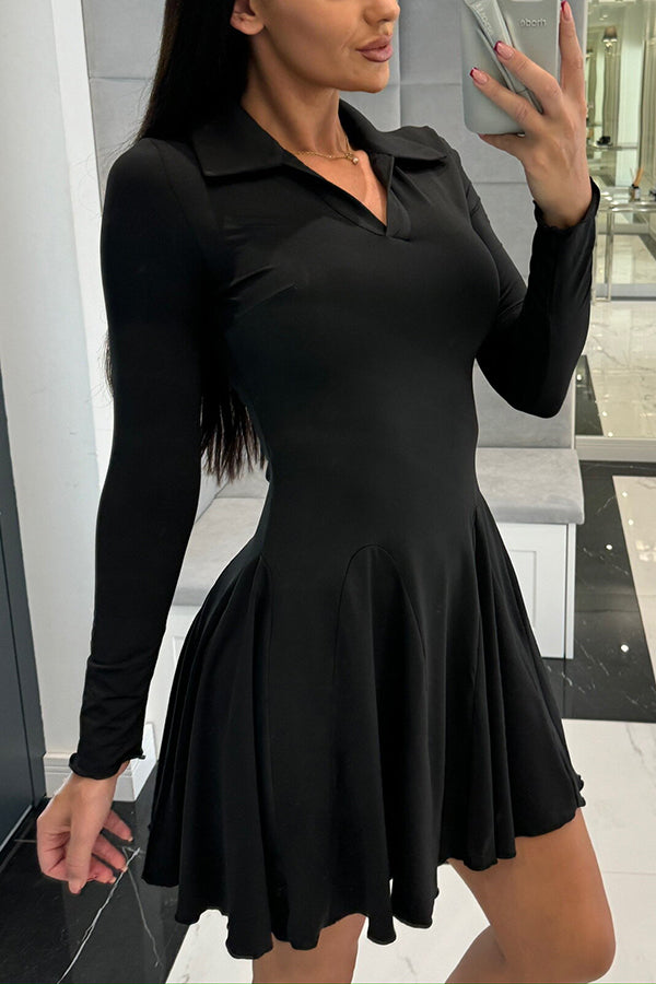 Color Lapel Long Sleeve Slim Fit Waist Mini Dress