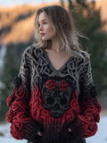 Vintage Red Roses Skull Viking Celtic V Neck Cozy Knit Sweater elevenforest