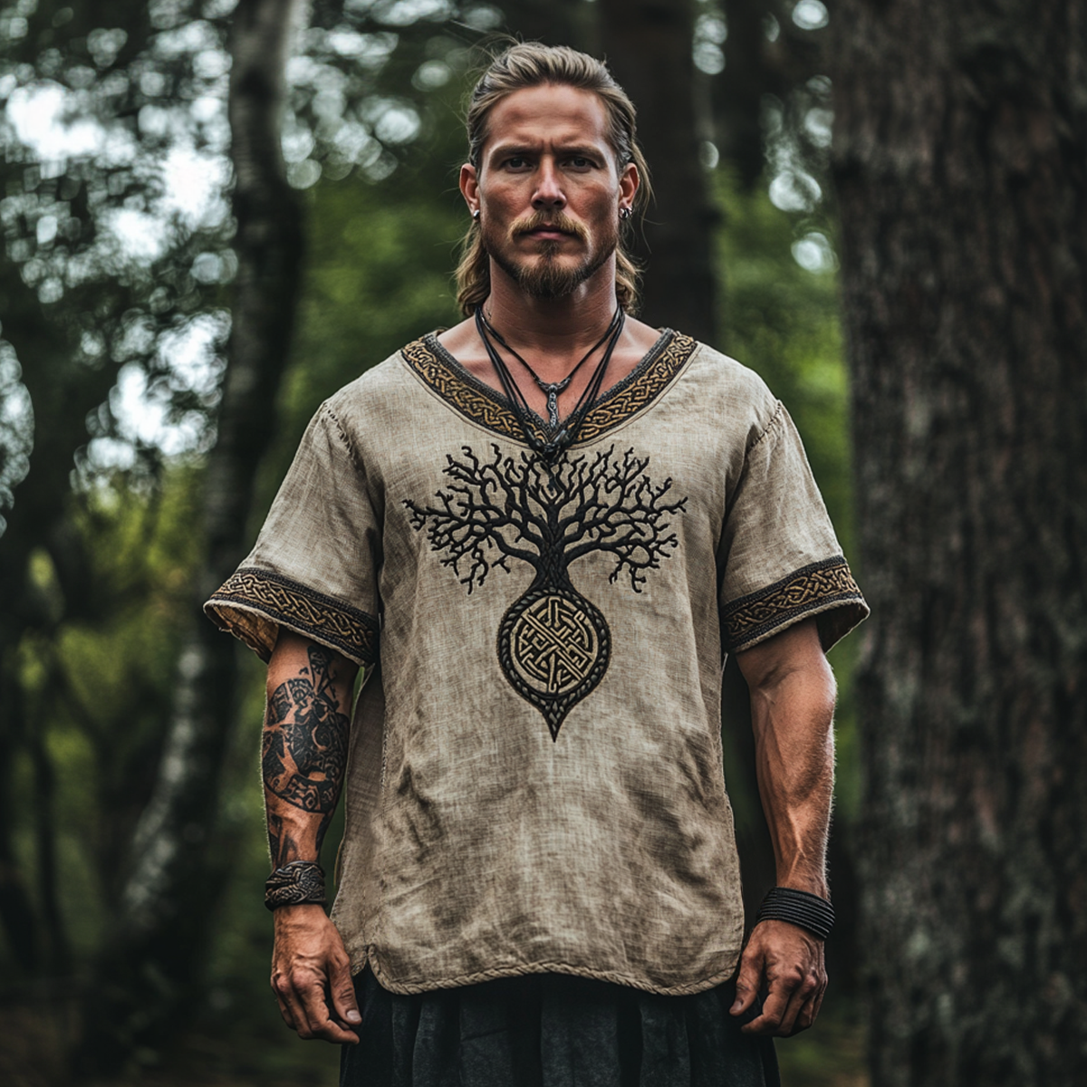 Mens Viking Celtic Knot Tree Of Life Compass Linen T-shirt elevenforest