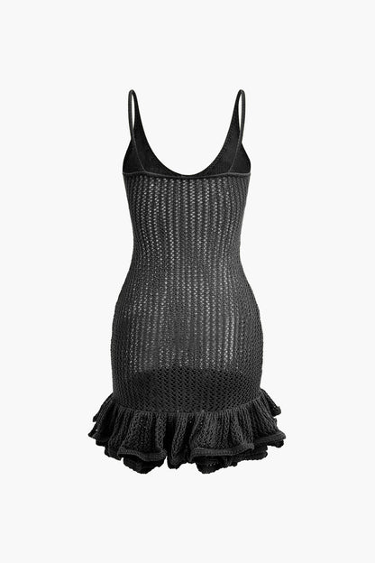 Color Open Knit Ruffle Hem Cami Mini Dress
