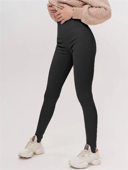 Black Ribbed Knit Leggings High Waist Cotton Fitness Basic Pants Spring New All-match Female Skinny Leggings