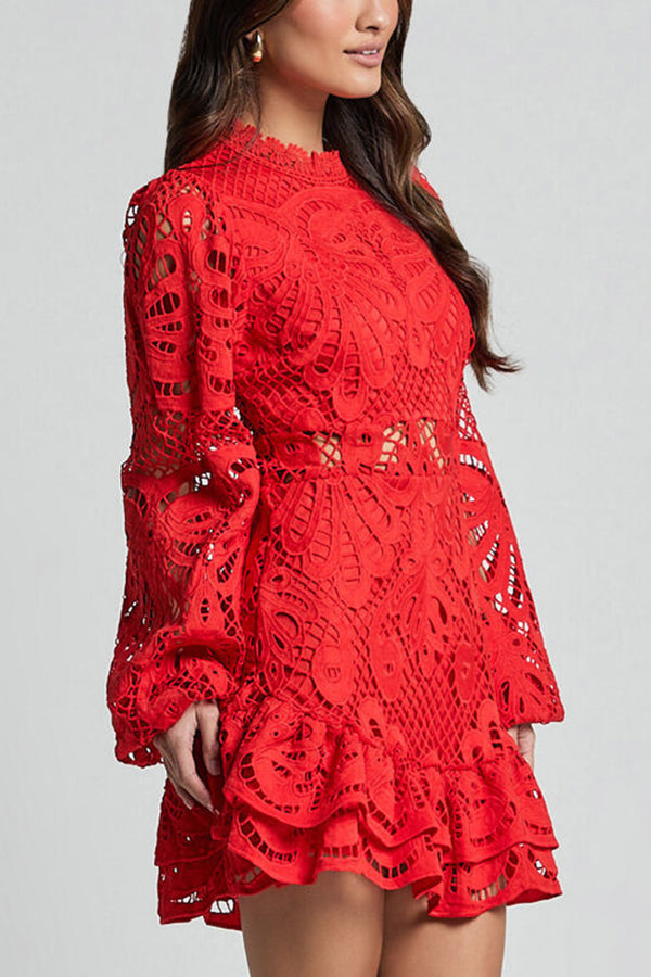Color Hollow Long-sleeved Waisted Lace Mini Dress