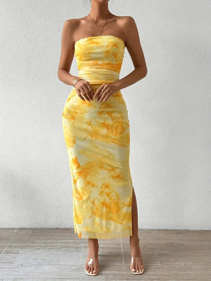 Yellow Print Off Shoulder Backless Split Bodycon Tube Maxi Dress