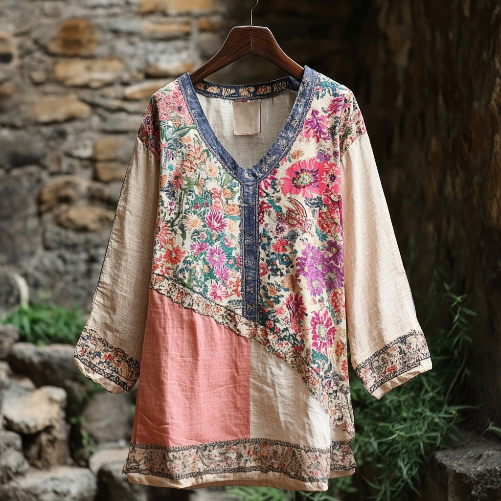 Women's Retro Tribal Floral Stitching Cotton And Linen Long Sleeve Shirt elevenforest