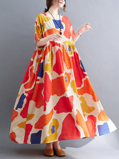 Artistic Retro Short Sleeves Loose Contrast Color Printed Round-neck Midi Dresses