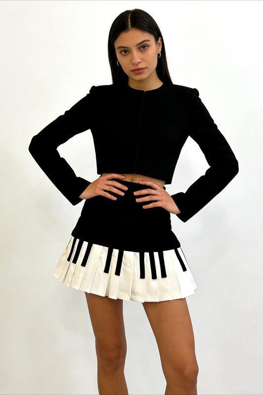 Retro Black White Piano Pleated High Waist Slim Skirt