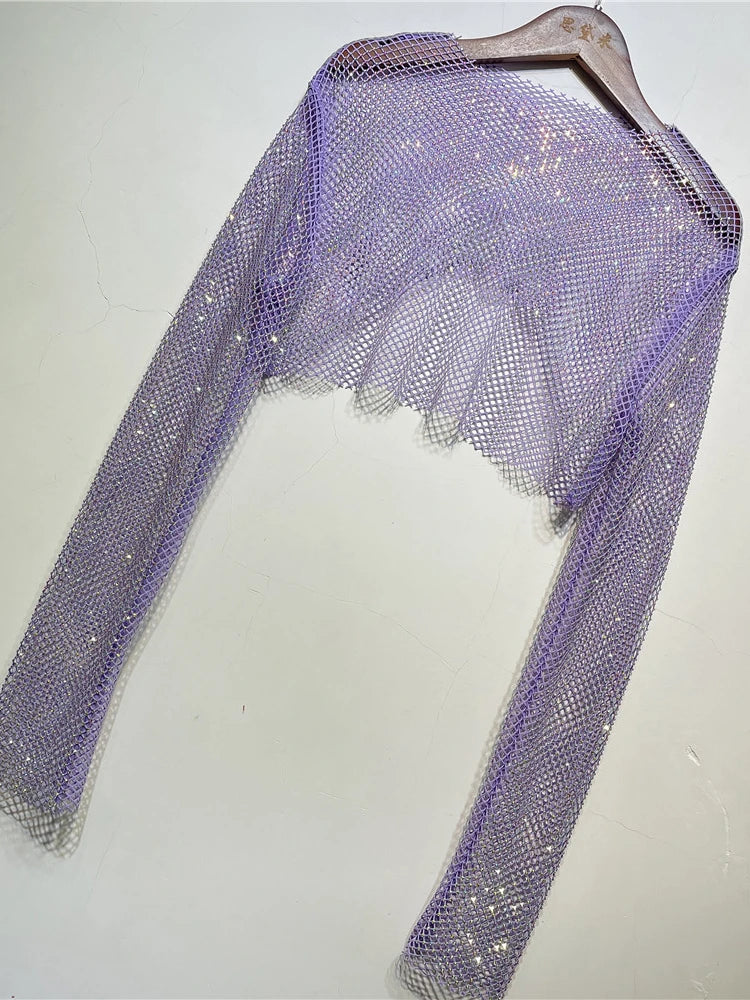 Sparkly Crystal Crop Tops for Fishnet Hollow Out See Through Cropped Coat Evening Night Club Top Party Wear