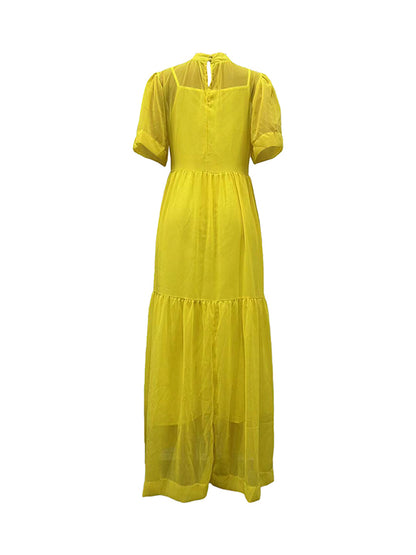 Loose Color Split-joint Inner Dress + Mesh Pleated Mock Neck Outer Dress Two Pieces Set
