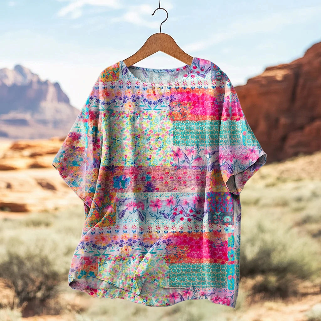 Women's Floral Art Print Casual Linen Crew Neck Shirt elevenforest