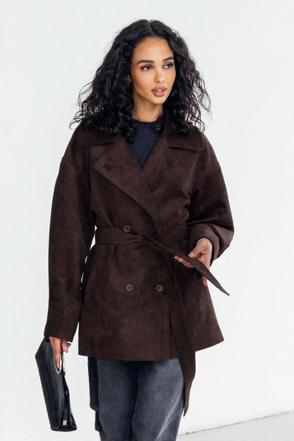 Brown Suede Tie Waist Overcoat