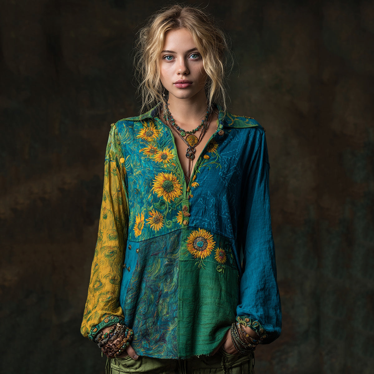 Starry Sky And Sunflowers Painting Patchwork Shirt elevenforest
