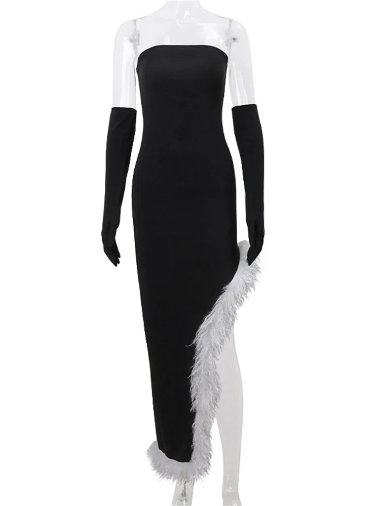 Black Patchwork With Gloves Maxi Dress Female Fur Feather Slim Off-shoulder Side Split Dress Bandeau Long Dress