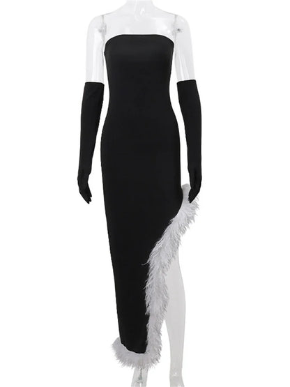 Black Patchwork With Gloves Maxi Dress Female Fur Feather Slim Off-shoulder Side Split Dress Bandeau Long Dress