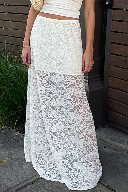White Lace Sheer High Waist A-line Skirt