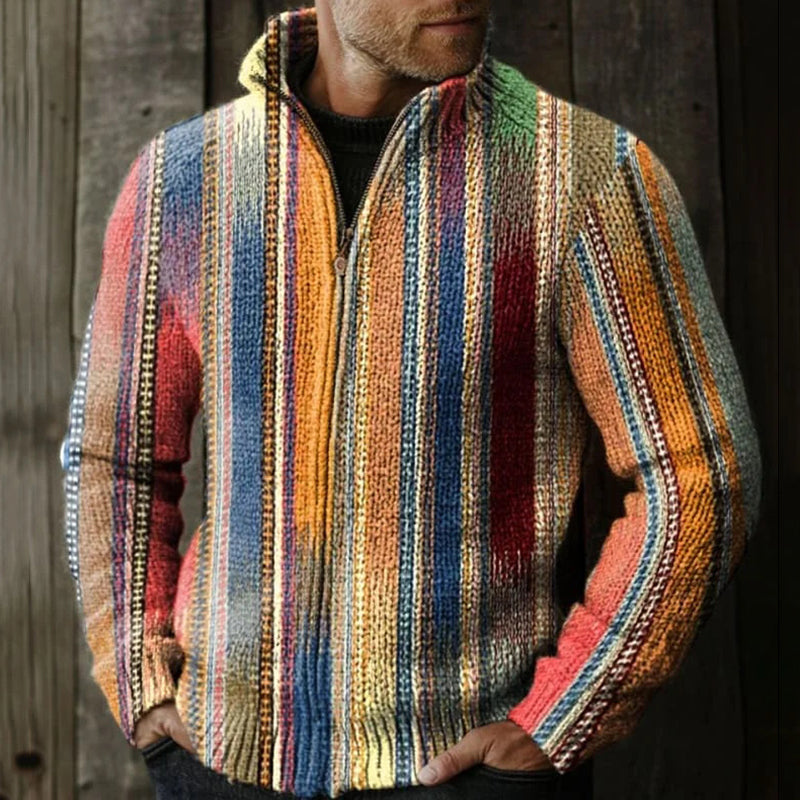 Men's Retro Colorful Striped Pattern Knitted Zip Sweater artswardrobe