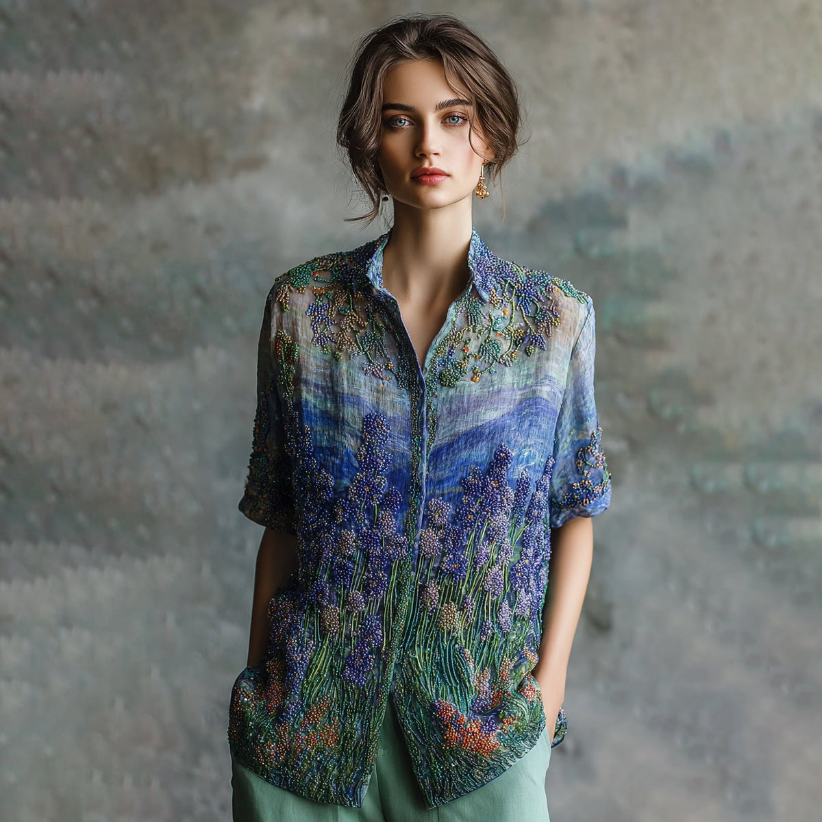 Women's Oil Painting Floral Contrast Color Sequined Shirt elevenforest