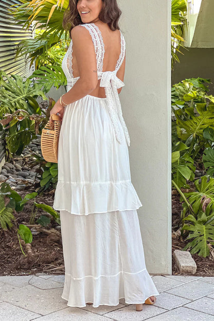 Off White Maxi Dress With Lace Top and Back Bow