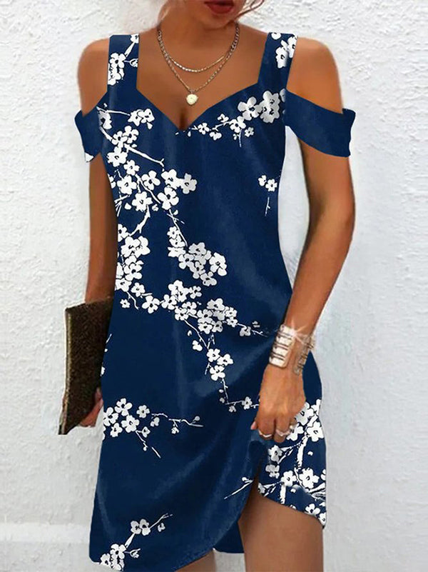A-line High Waisted Flower Print Hollow Cold Shoulder Mini Dresses