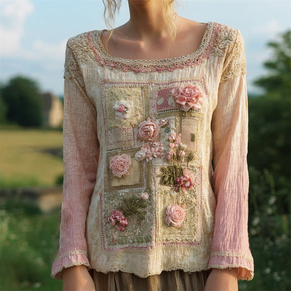 Boho Vintage Floral Lace Patchwork Art Women's Linen Long Sleeve Shirt elevenforest