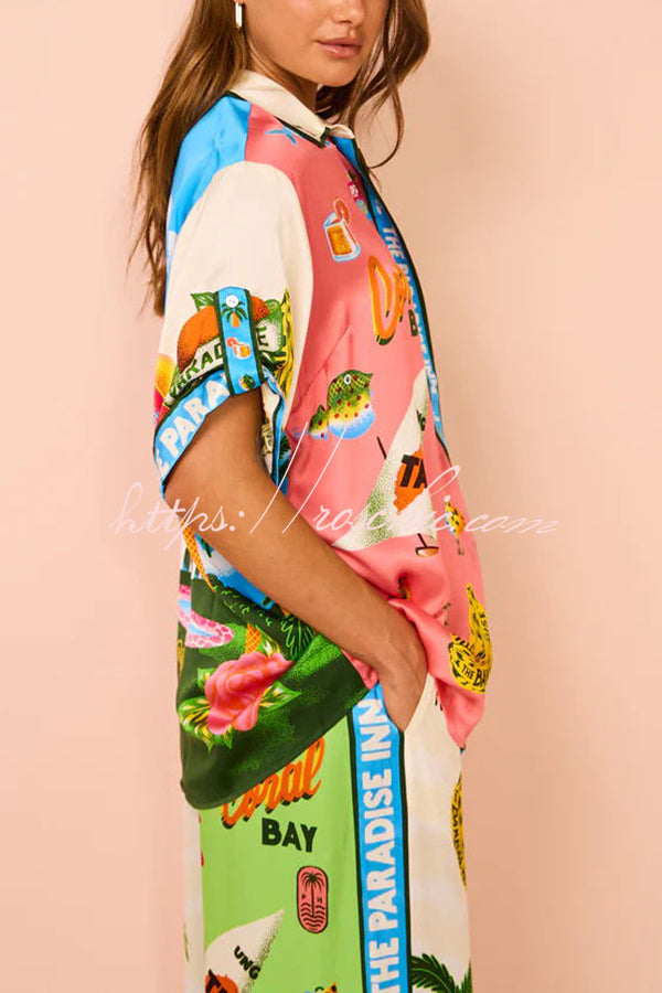 Kissed by the Sun Satin Unique Print Colorblock Button Down Oversized Blouse