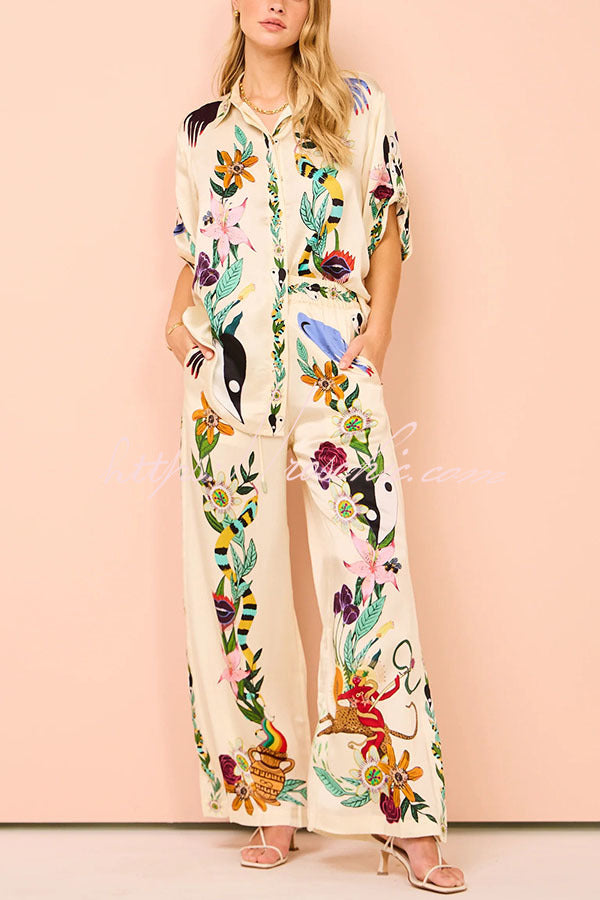 Claire Satin Unique Print Elastic Waist Pocketed Wide Leg Pants