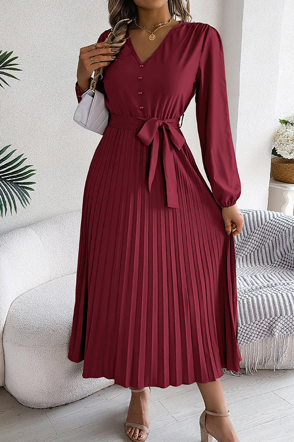 Color V-neck Buttoned Lace-up Pleated Maxi Dress