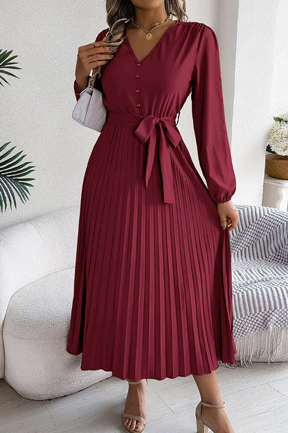 Color V-neck Buttoned Lace-up Pleated Maxi Dress
