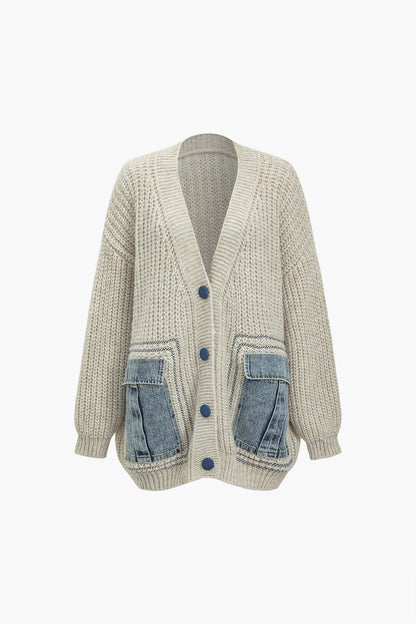 90's Color Denim Patchwork Button Pocket Sweater Cardigan