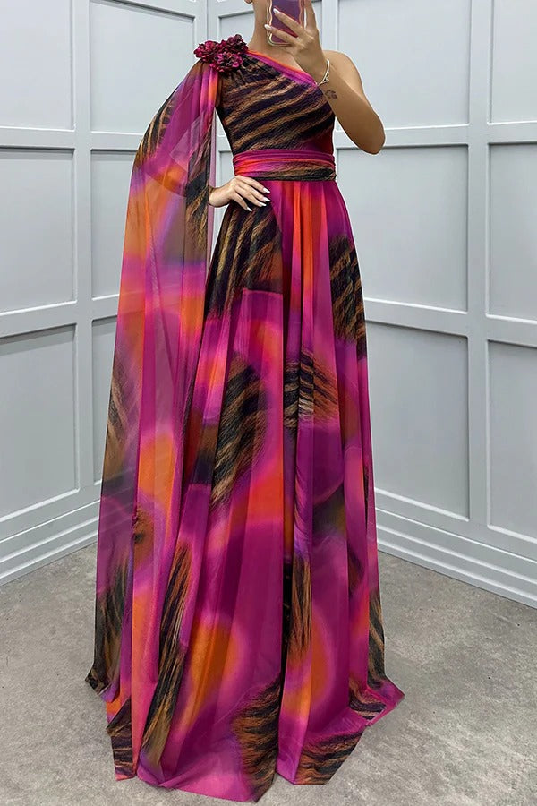 Lucia Unique Print Detail One Shoulder Draped Sleeve Gown Maxi Dress