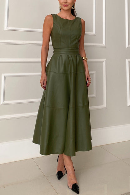 Ensemble Faux Leather Princess Line Back Zipper Umbrella Midi Dress