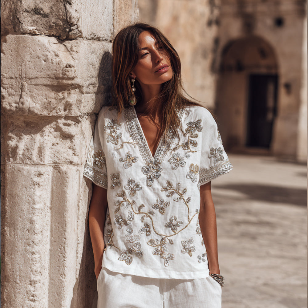 Bohemian-style Japanese Art Three-dimensional Embroidery Floral Bead Embroidery White V-neck Short-sleeved Shirt elevenforest