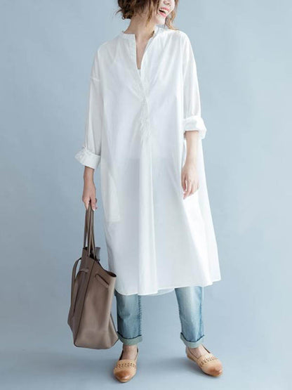 High-low Long Sleeves Buttoned Color Split-side Lapel Midi Dresses Shirt Dress