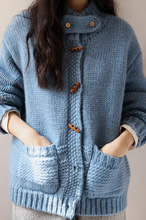 Wool Chunky Knit Wooden Button Sweater
