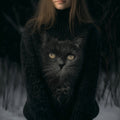 Comstylish Cute Black Cat Face Pattern Knit Turtleneck Sweater
