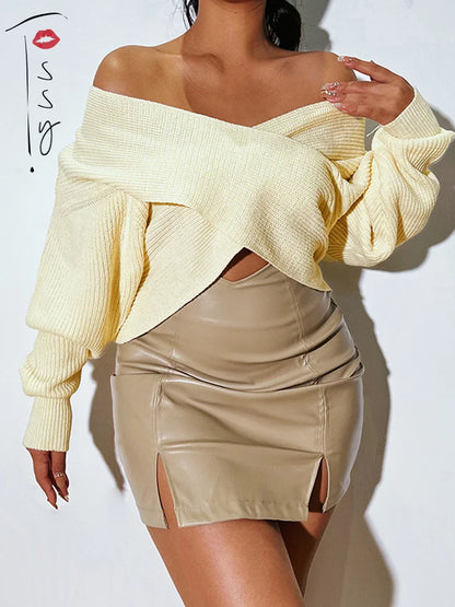 V-neck Long Sleeve Cross Sweaters Knitted Pullover Outwears Spring New