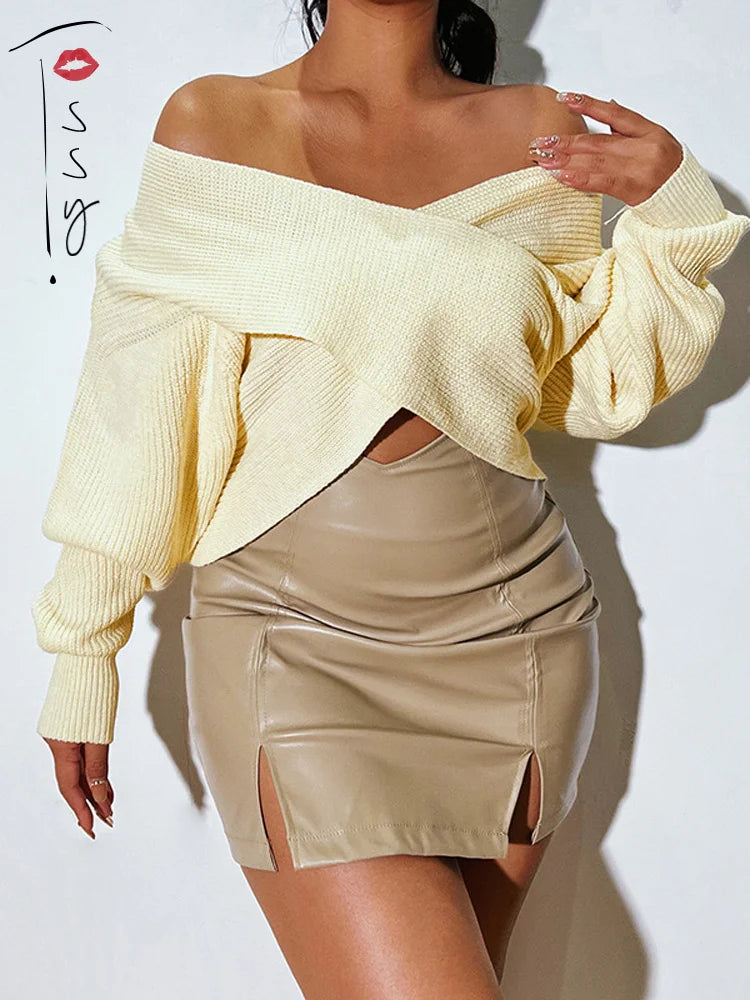 V-neck Long Sleeve Cross Sweaters Knitted Pullover Outwears Spring New