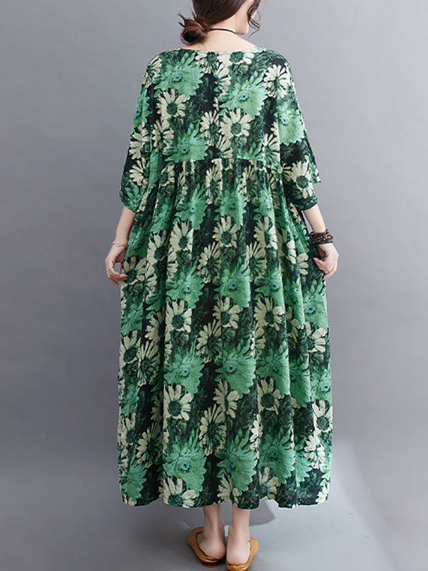 Loose Raglan Sleeve Printed Pleated Split-joint Round-neck Midi Dresses