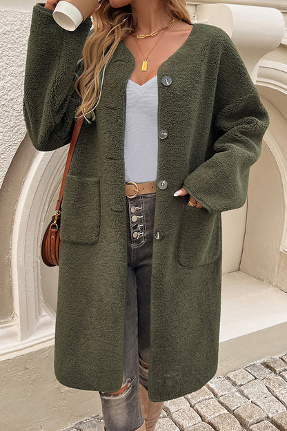 Color Cardigan Buttoned Pocket Mid-length Coat