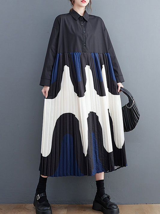 A-line Long Sleeves Contrast Color Pleated Printing Split-joint Polo Midi Dresses