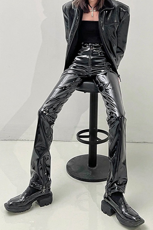 High Shine Pu Leather Slim Straight Pants