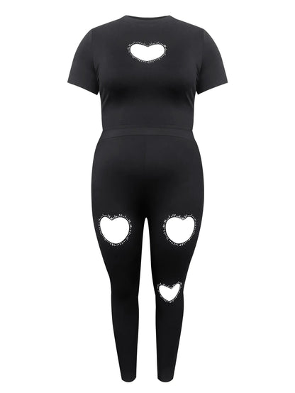 Crop Top Rhinestone Heart Decor Pants Set Skinny Two-pieces Suit Short Sleeve Top Trousers Set