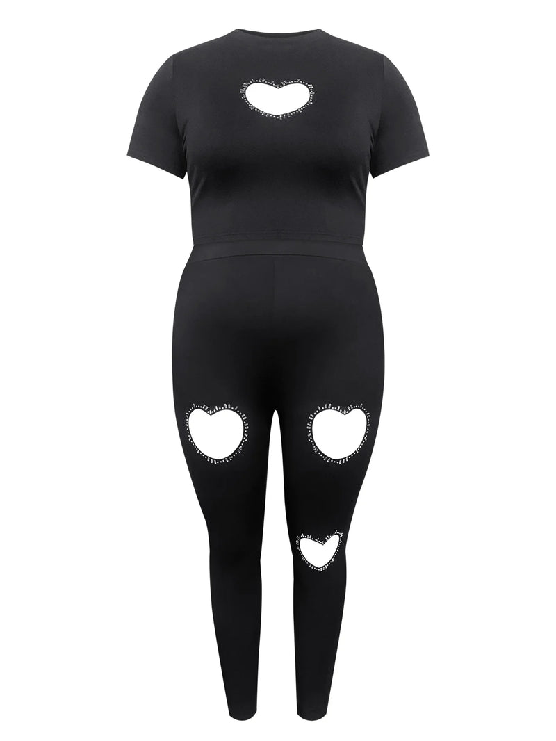 Crop Top Rhinestone Heart Decor Pants Set Skinny Two-pieces Suit Short Sleeve Top Trousers Set