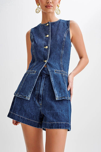 High Waist Vest Denim Shorts Set