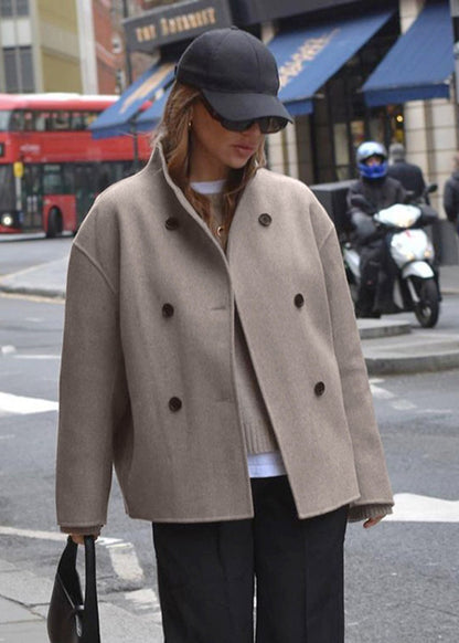 Luxe Double-breasted Woolen Coat in Taupe