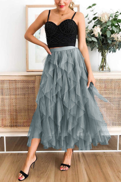 Fashionable Color Puffy Mesh High Waist Slimming Skirt