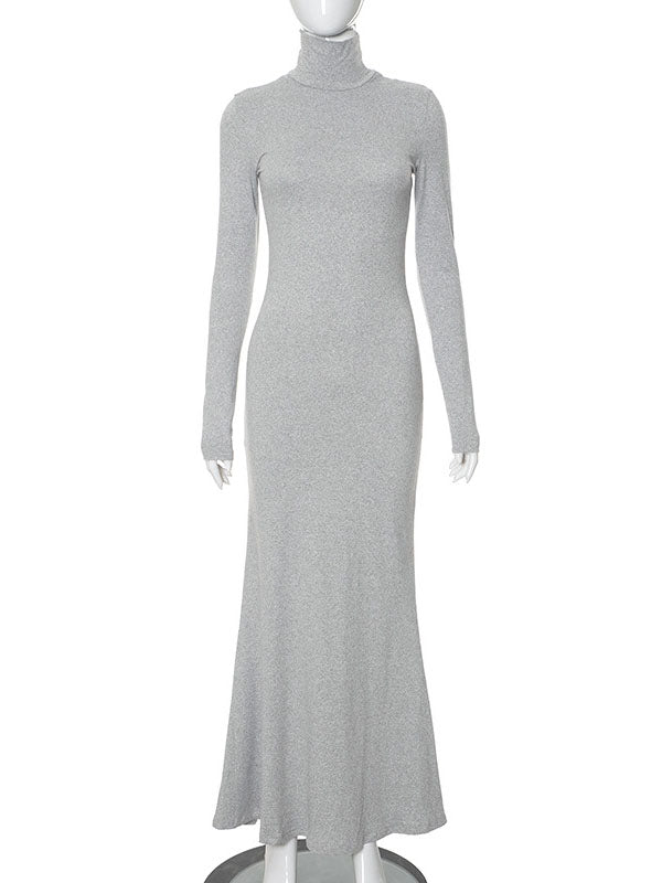 Bodycon Long Sleeves Color Split-joint High Neck Maxi Dresses