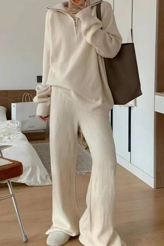 Lapel Sweater and Wide-leg Pants Two-piece Suit