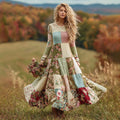 Women's Vintage Floral Patchwork Art Cozy Knit Maxi Sweater Dress elevenforest