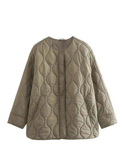 Quilted Jackets Spring Autumn O-neck Single Breasted Pocket Coats Female Long Sleeve Lady Outerwear