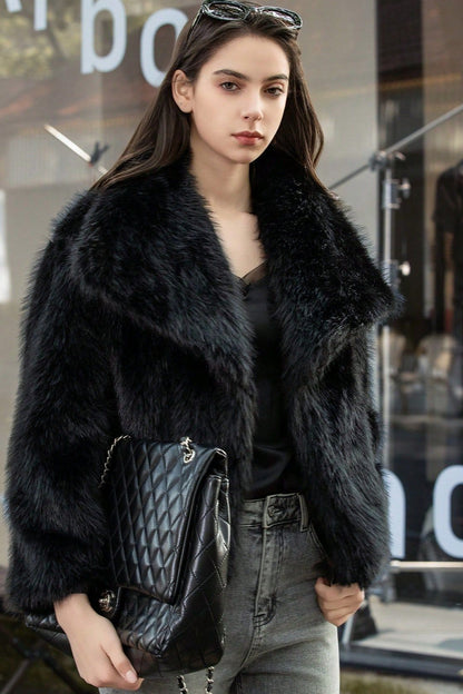 Plush Color Faux Animal Fur Warm Notch Collar Coat